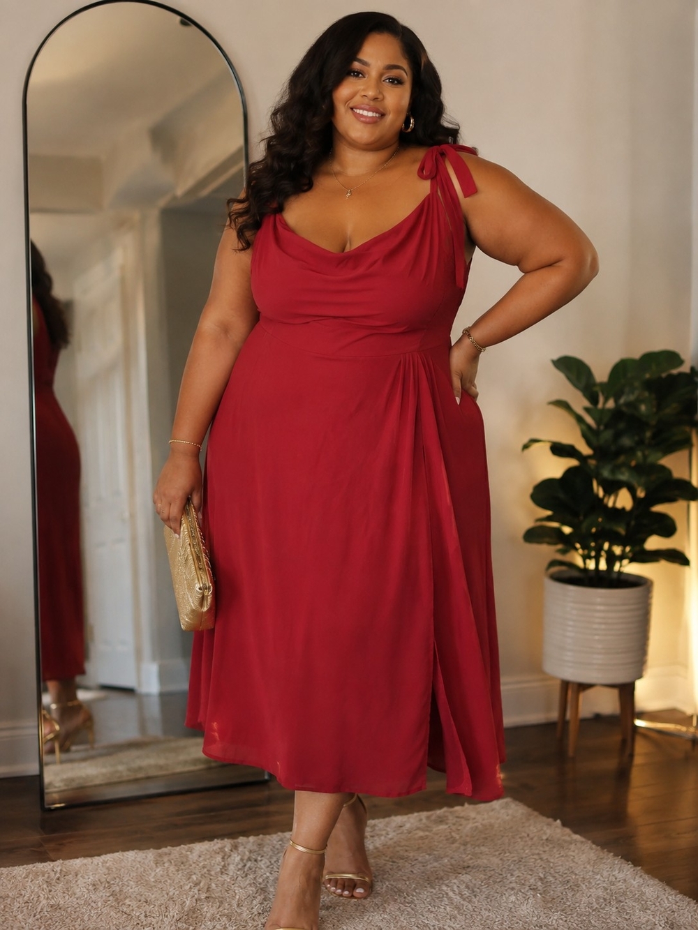 41 Hawthorn Red Cowl-Neck Tie-Shoulder Midi Dress